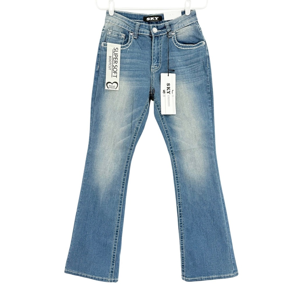 SKY Premium Women's Stretch Jeans Sz 7/8 Bootcut Embroidered Bull Skull Blue NWT